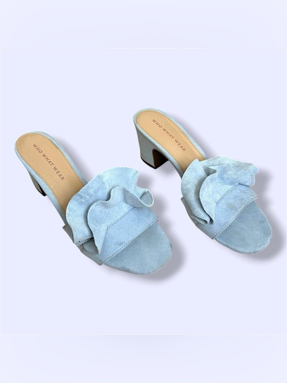 Who What Wear Powder Blue Suede Ruffle Block Heel Mules